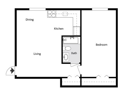 Floor plan for 1 bed, 1 bath, 550 sqft